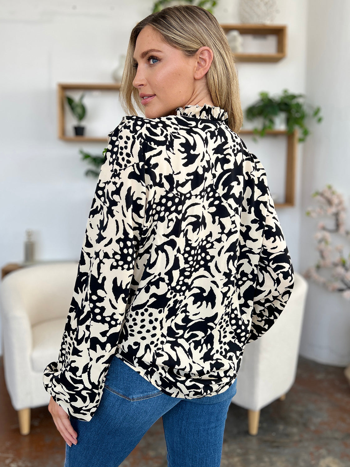 Full Size Printed Ruffle Trim Balloon Sleeve Shirt