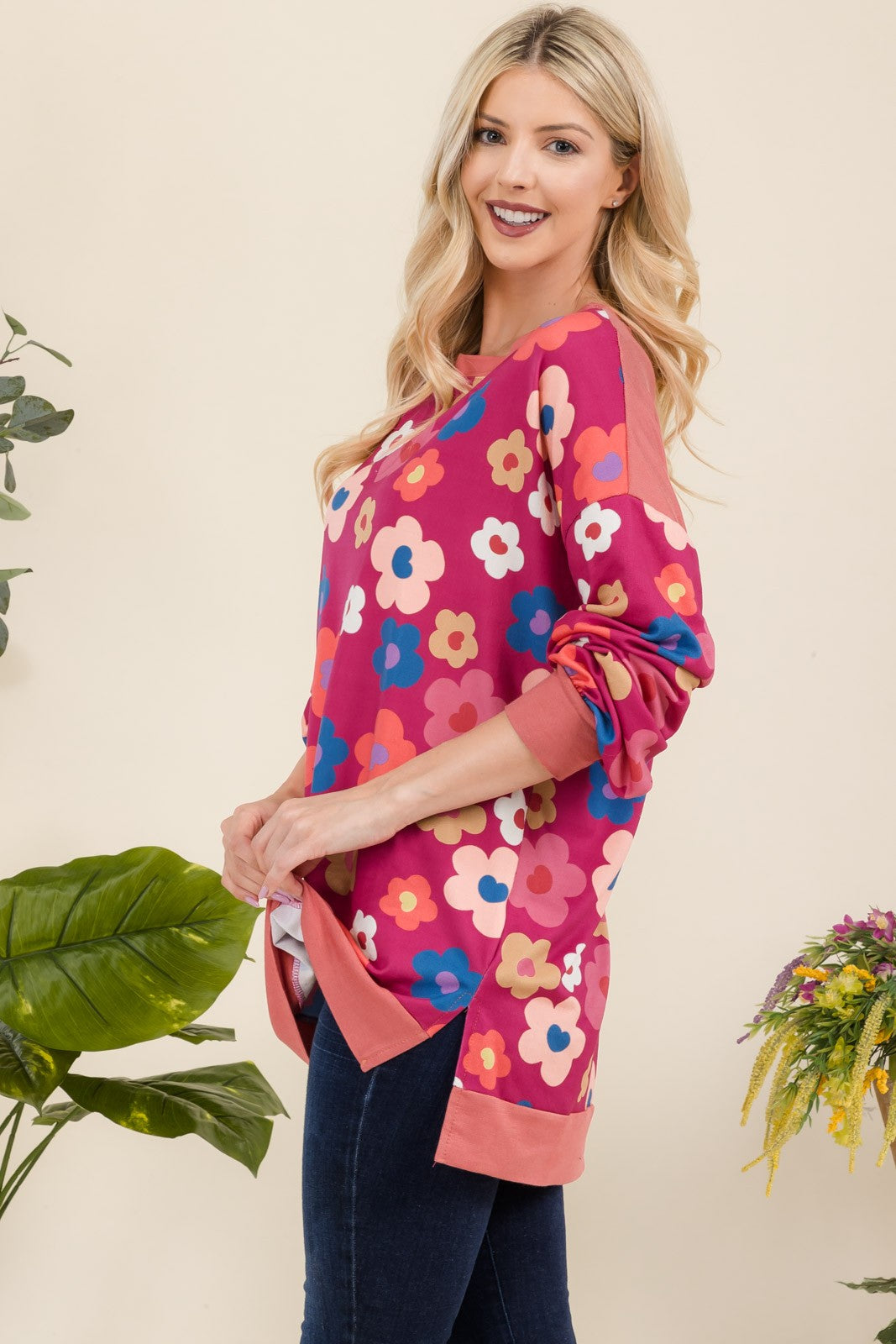 Full Size Side Slit Flower Print Long Sleeve Top