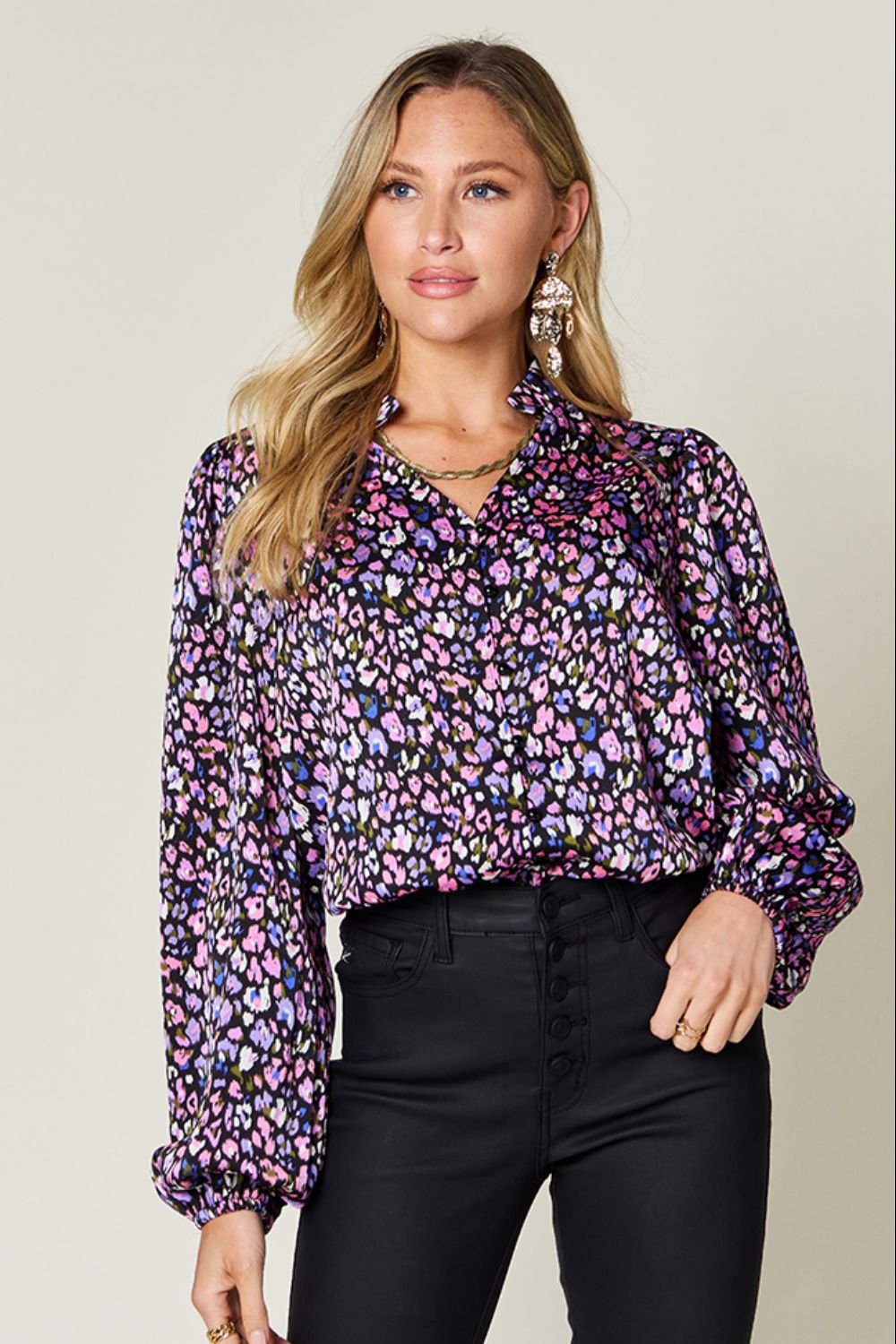 Full Size Printed Balloon Sleeve Shirt