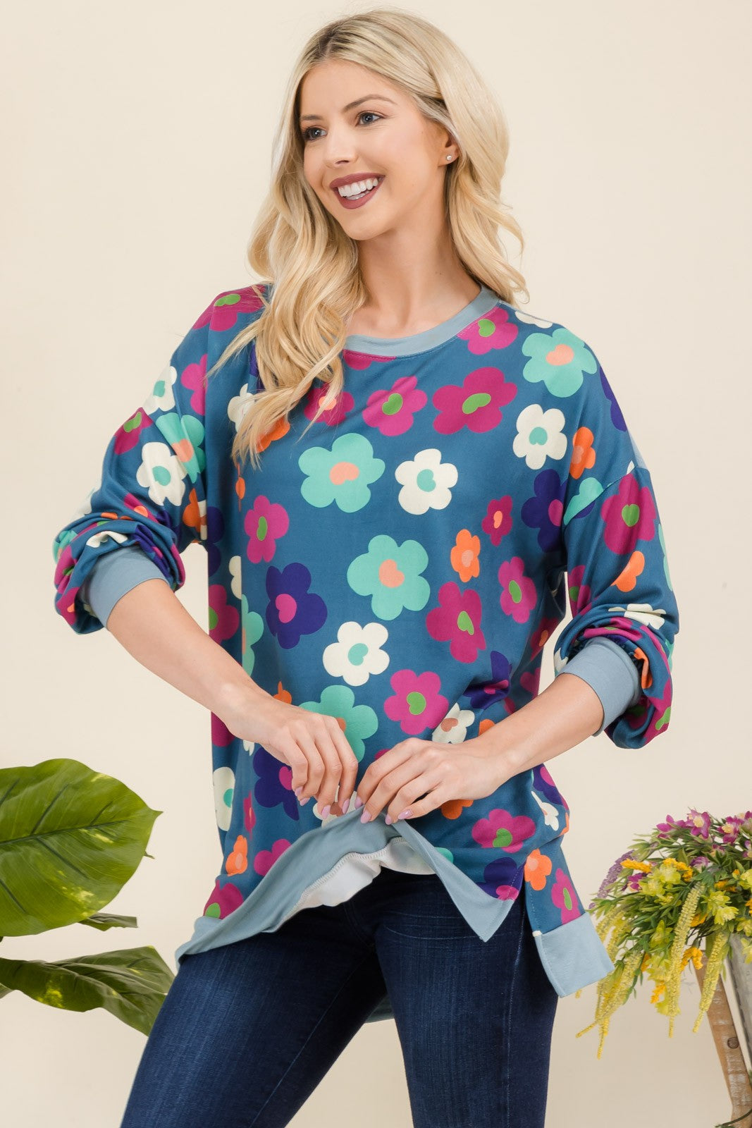 Full Size Side Slit Flower Print Long Sleeve Top