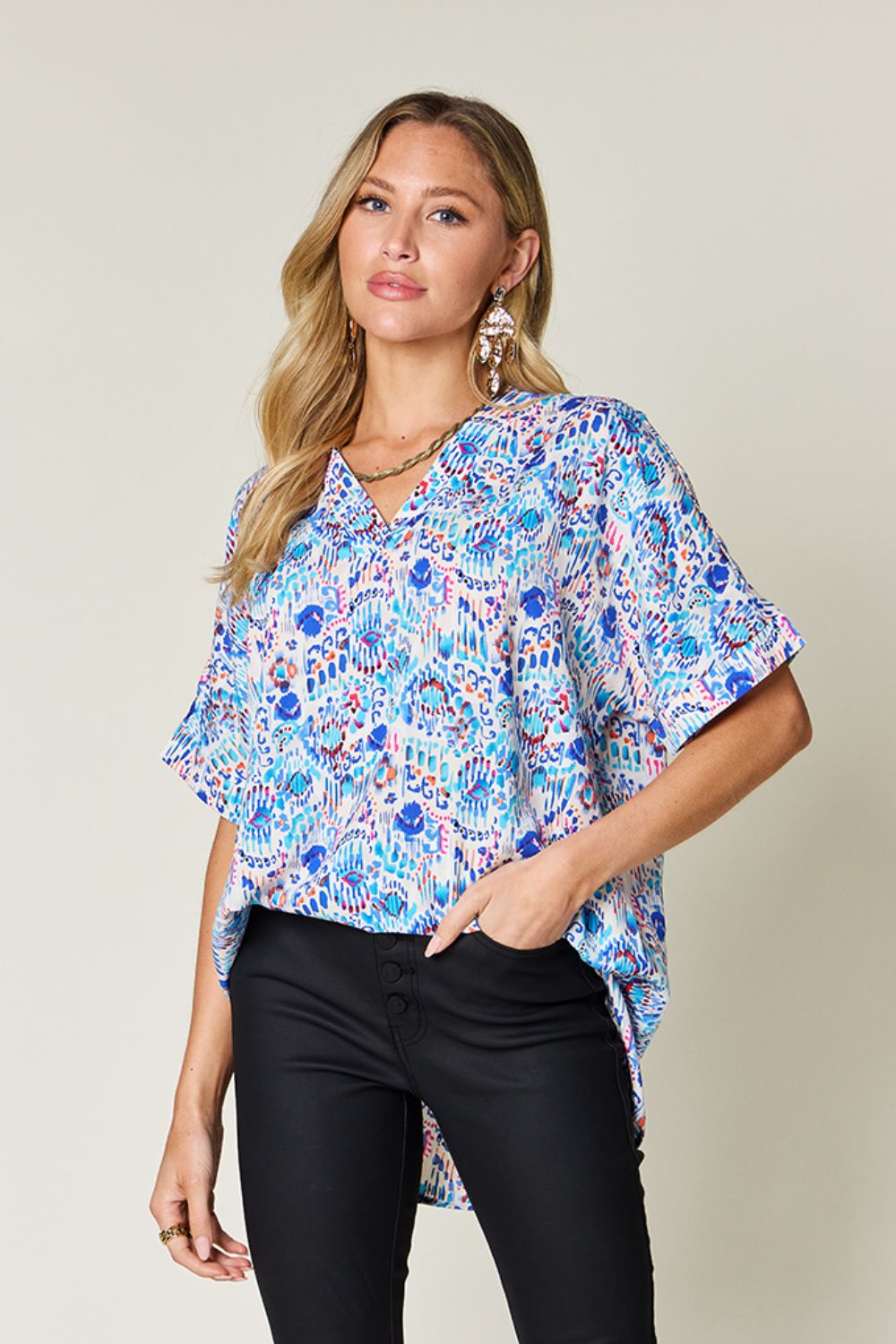 Full Size Printed V-Neck Short Sleeve Blouse