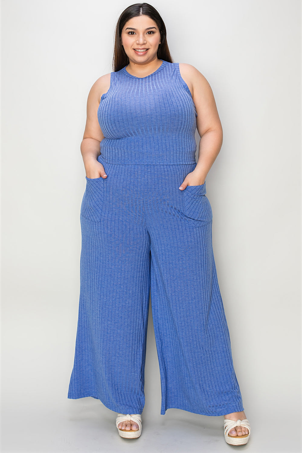 Full Size Ribbed Tank and Wide Leg Pants Set