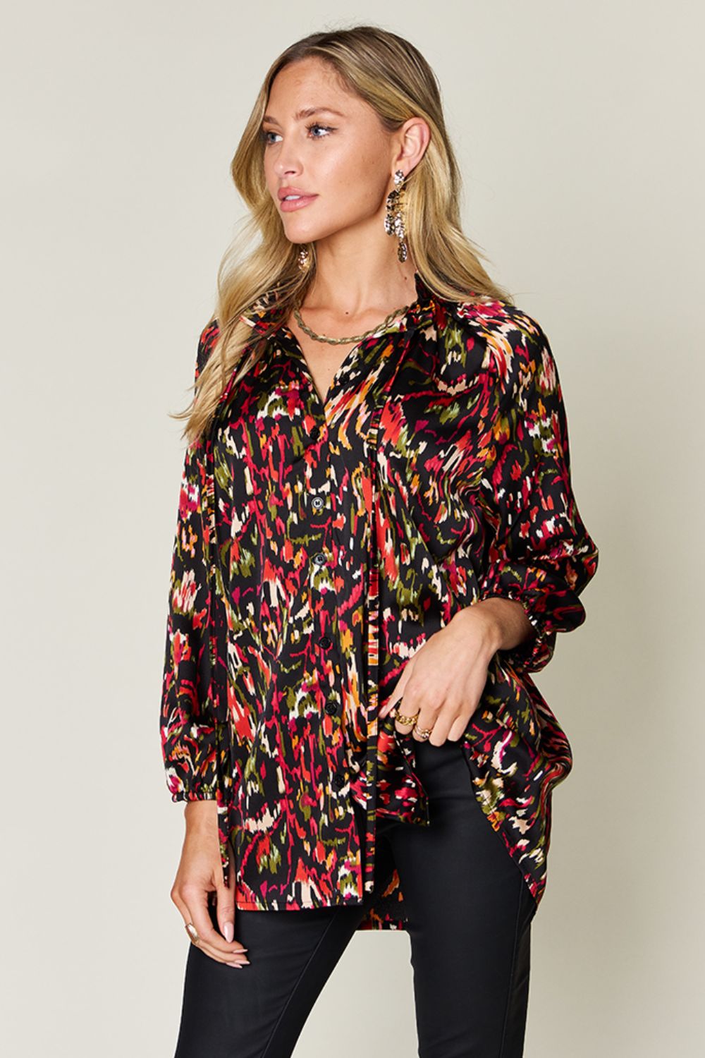 Full Size Printed Button Up Long Sleeve Shirt