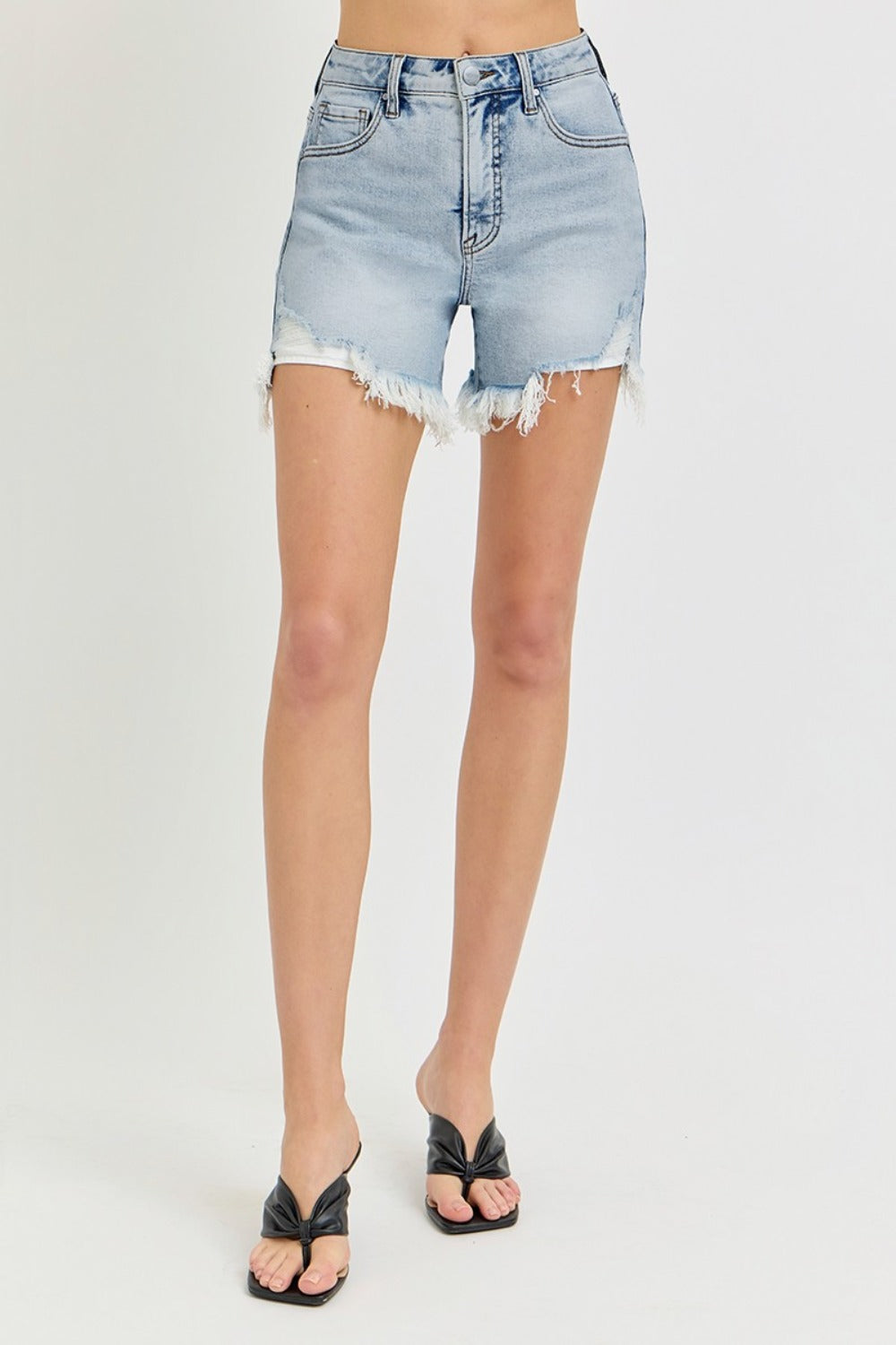 High Rise Side Step Hem Denim Shorts