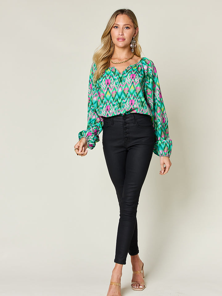 Full Size Printed Balloon Sleeve Blouse