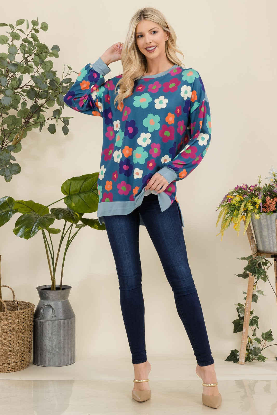 Full Size Side Slit Flower Print Long Sleeve Top