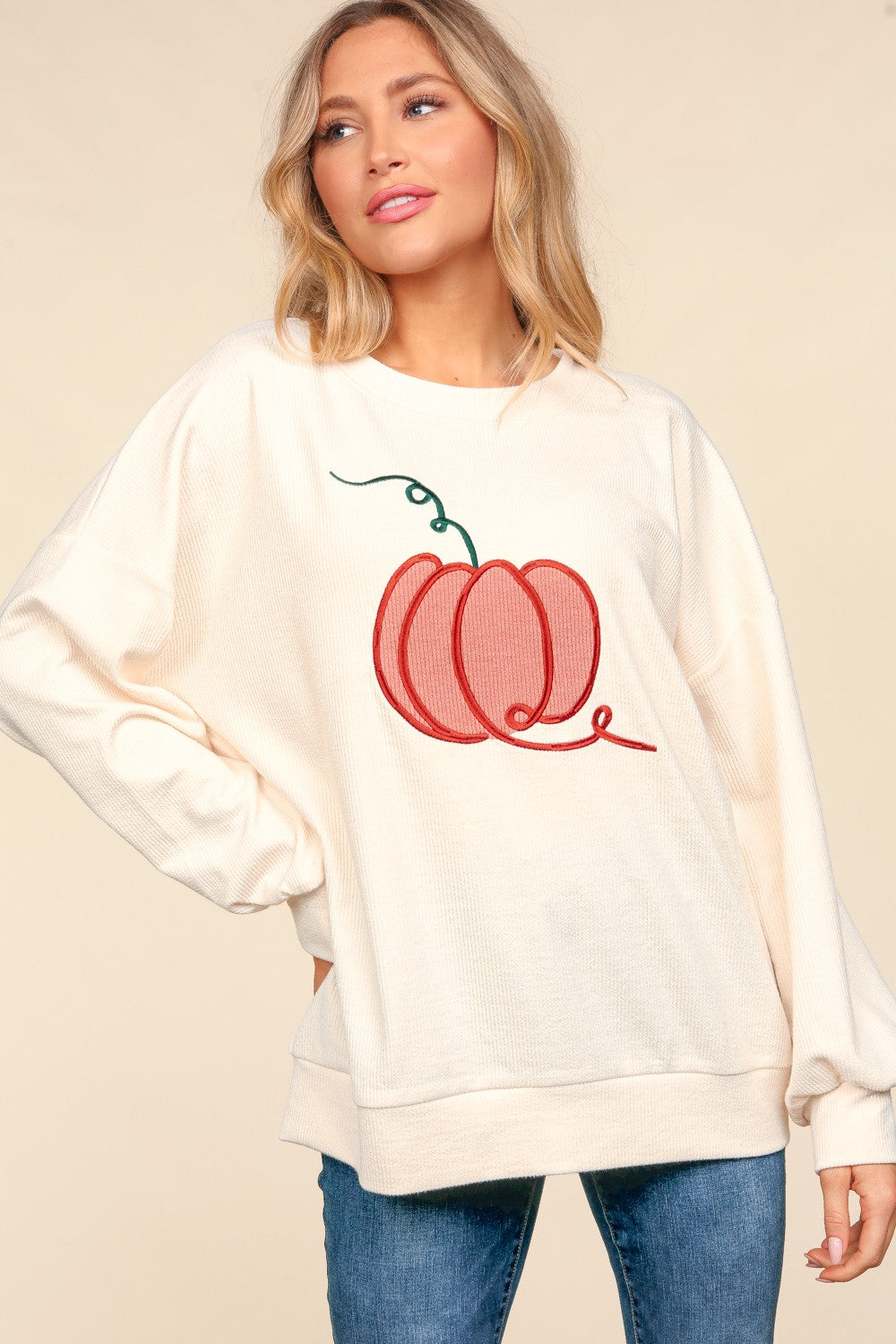 Full Size Embroidery Pumpkin Long Sleeve Knit Top