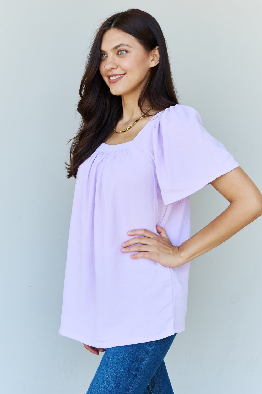 Neck Short Sleeve Blouse in Lavender