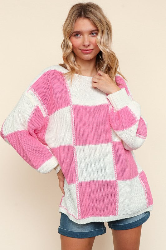 Full Size Checkered Round Neck Drop Shoulder Sweater