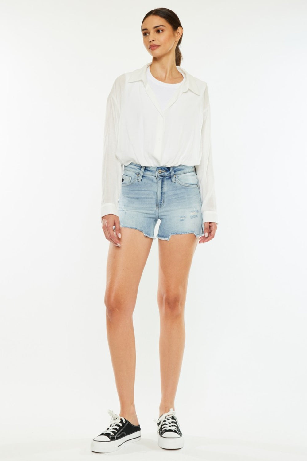 High Rise Side Slit Denim Shorts