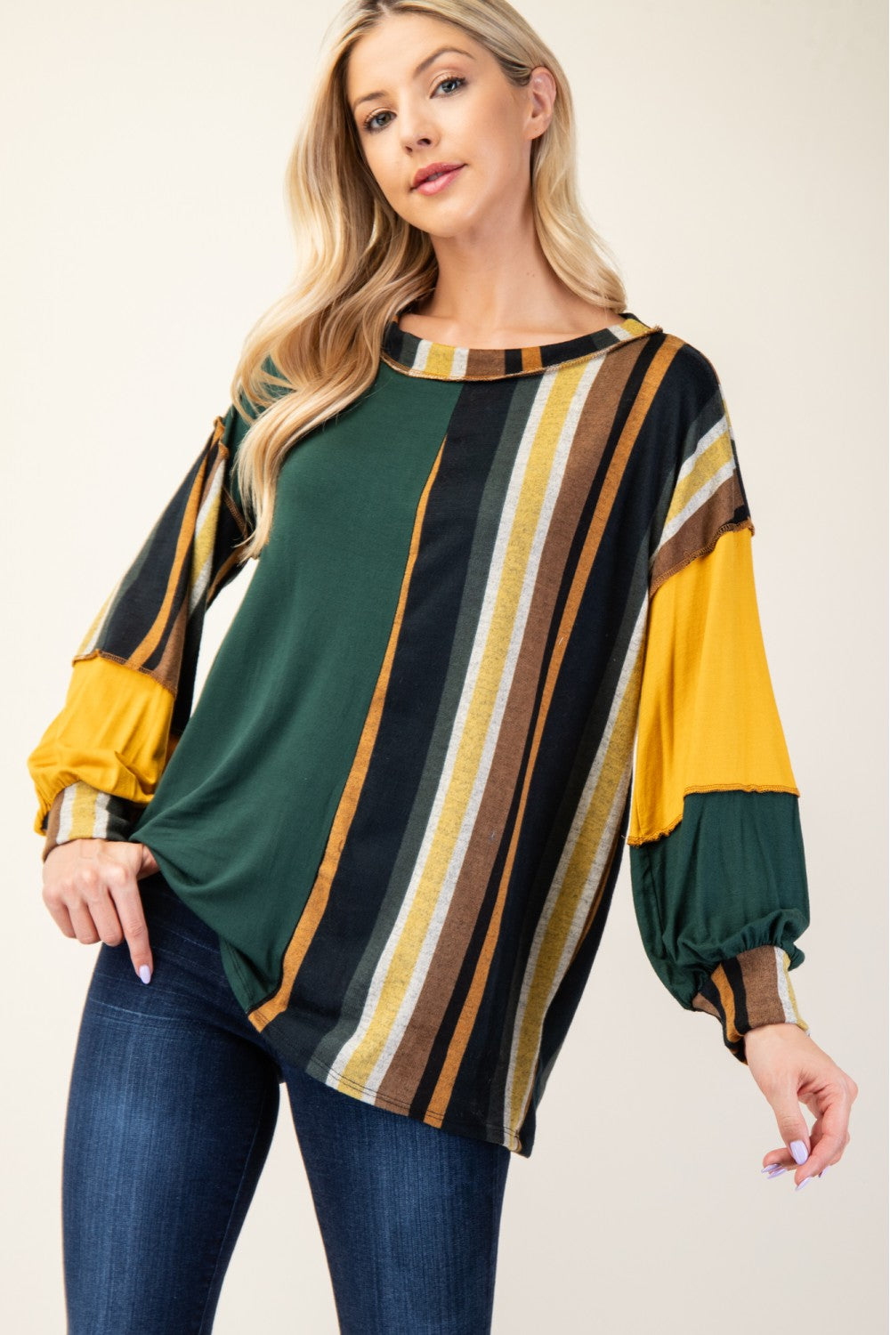 Full Size Striped Color Block Exposed Seam T-Shirt