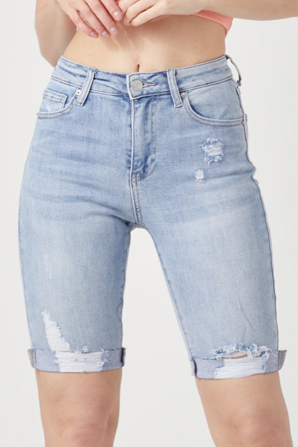 High Rise Distressed Denim Bermuda Shorts