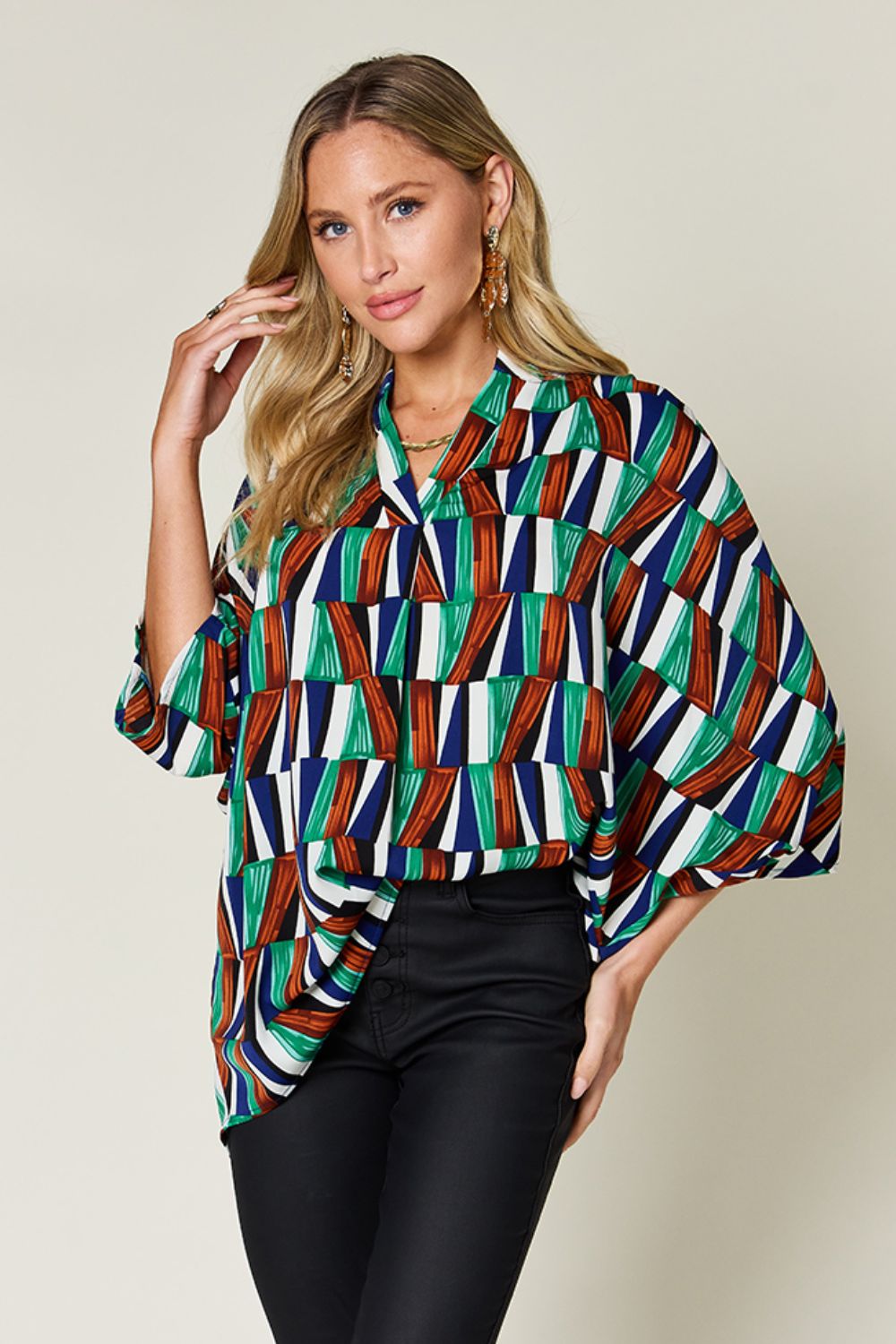 Full Size Geometric Notched Dolman Sleeve Top