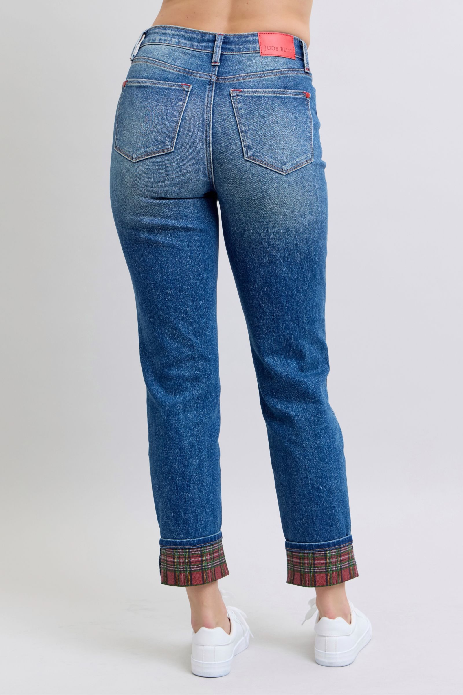 Full Size Plaid Print Cuff Straight Leg Jeans with Pockets