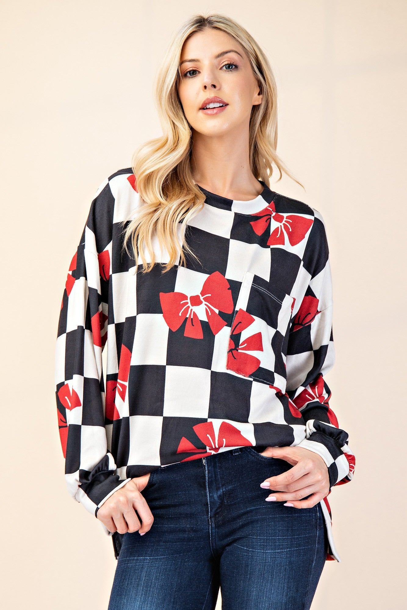 Full Size Checkered Bow Print Round Neck T-Shirt