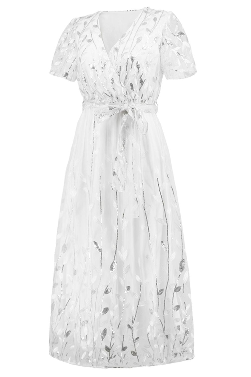 Leaf Embroidery Tie Front Short Sleeve Dress