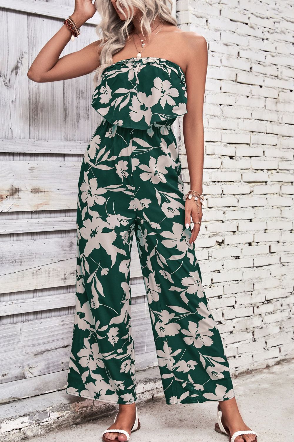 Perfee Floral Strapless Wide Leg Jumpsuit