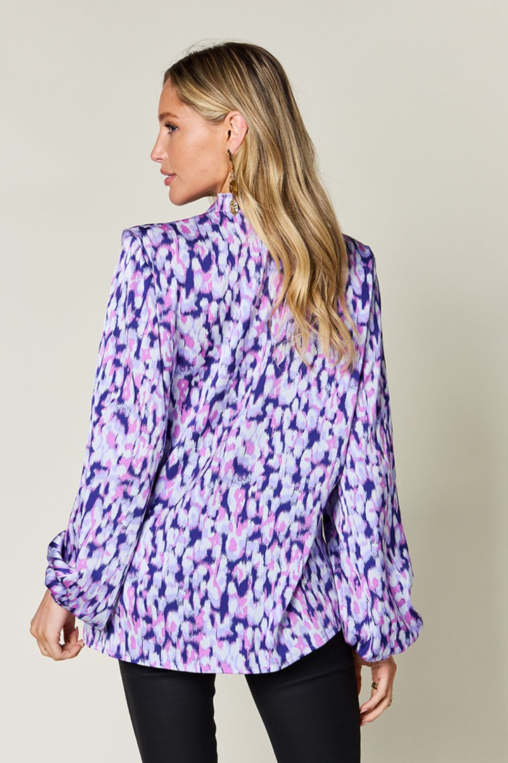 Full Size Printed Ruffle Trim Balloon Sleeve Shirt