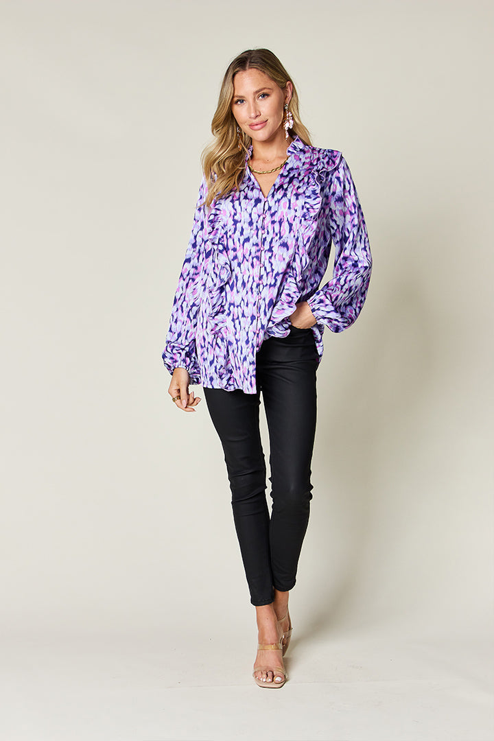 Full Size Printed Ruffle Trim Balloon Sleeve Shirt