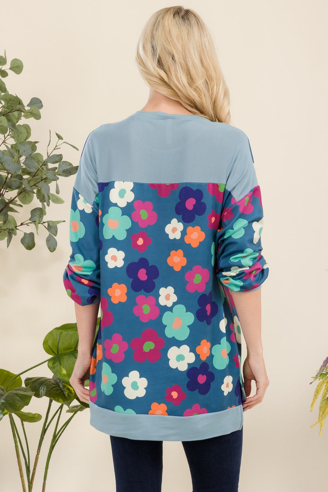 Full Size Side Slit Flower Print Long Sleeve Top