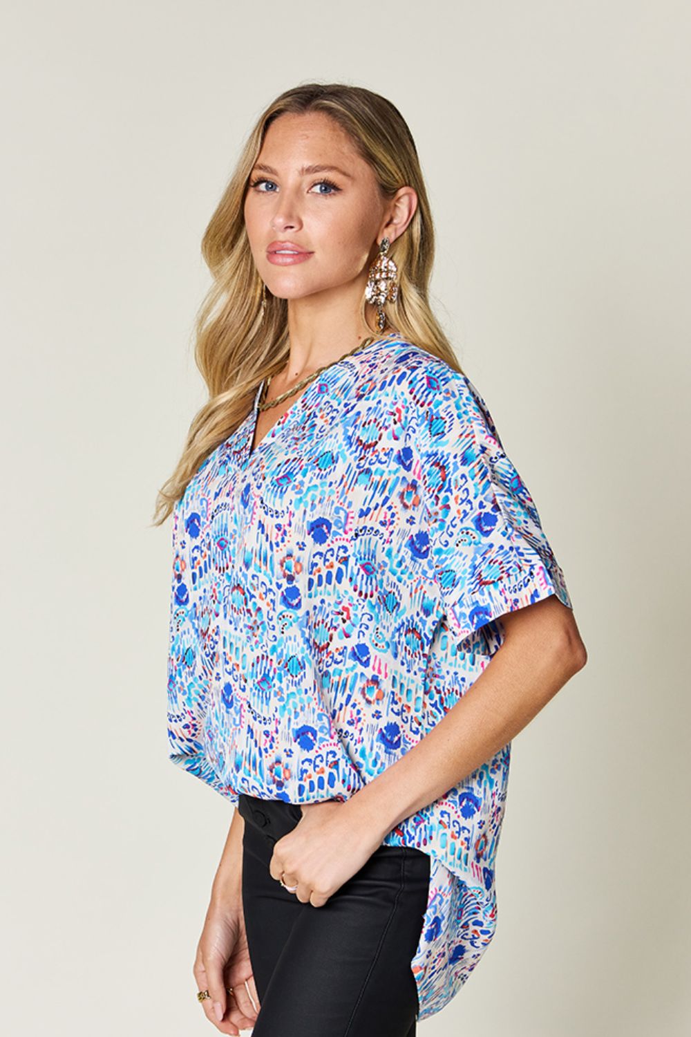 Full Size Printed V-Neck Short Sleeve Blouse