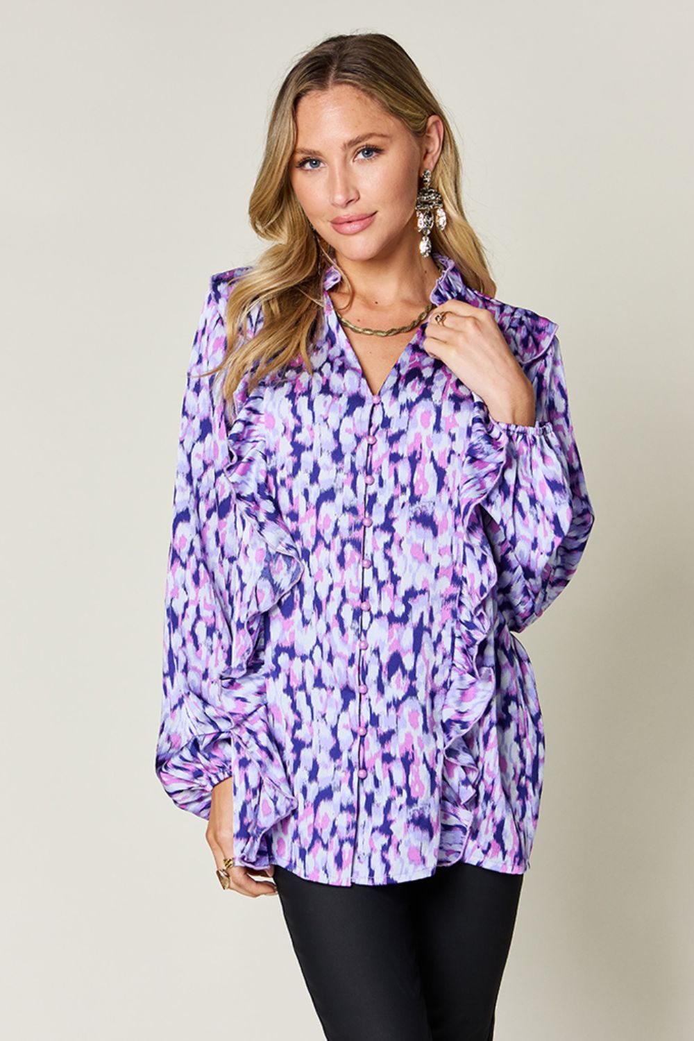 Full Size Printed Ruffle Trim Balloon Sleeve Shirt