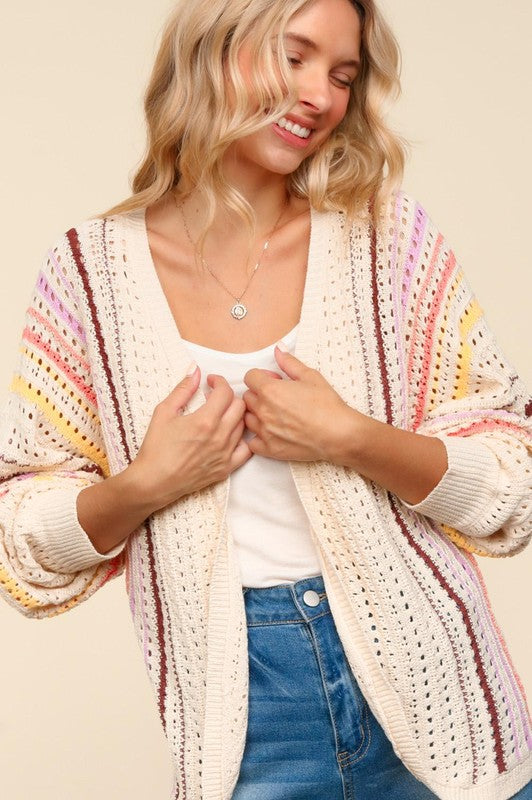 Full Size Striped Crochet Open Front Cardigan