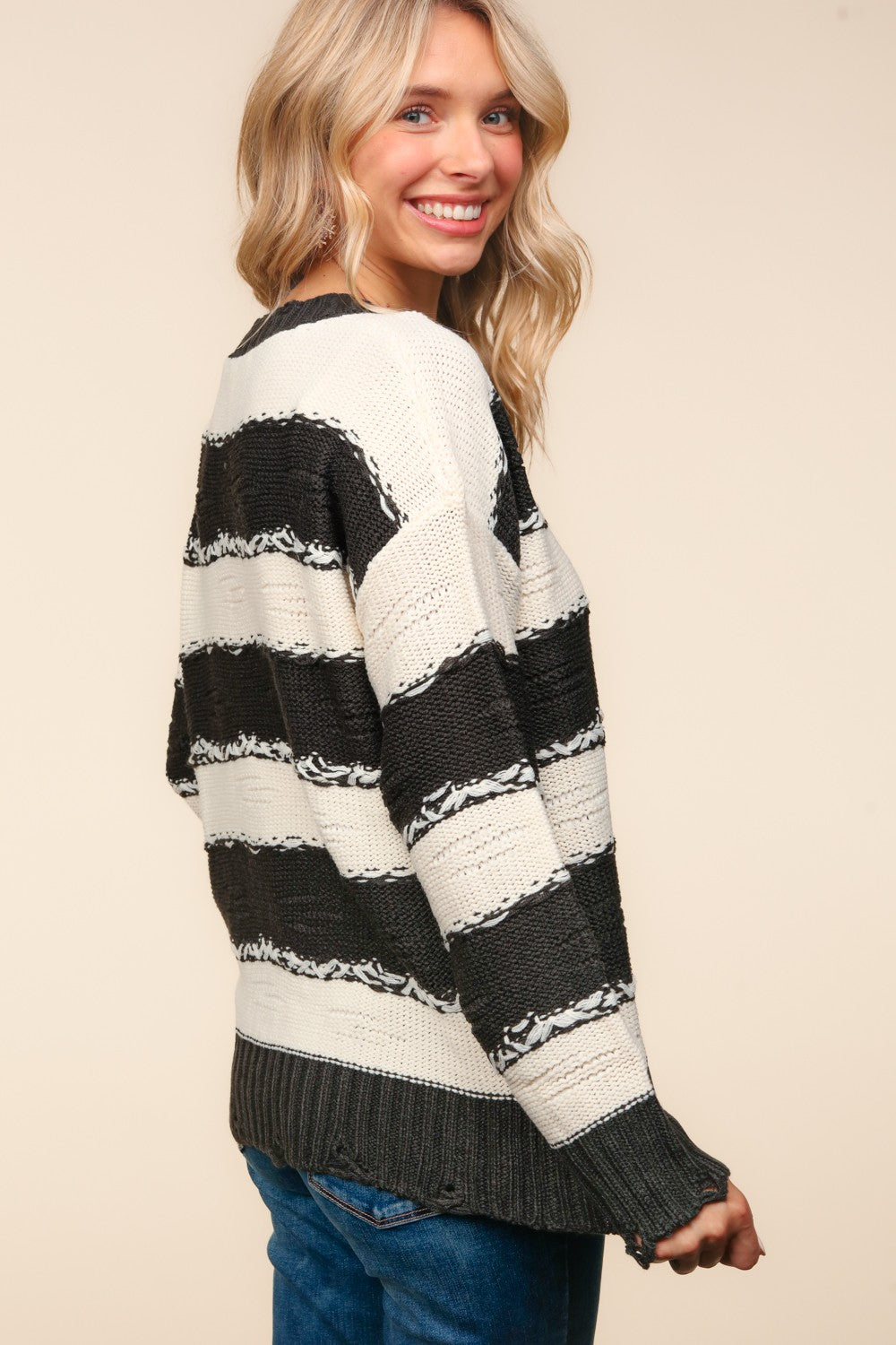 Striped Contrast Distressed Sweater