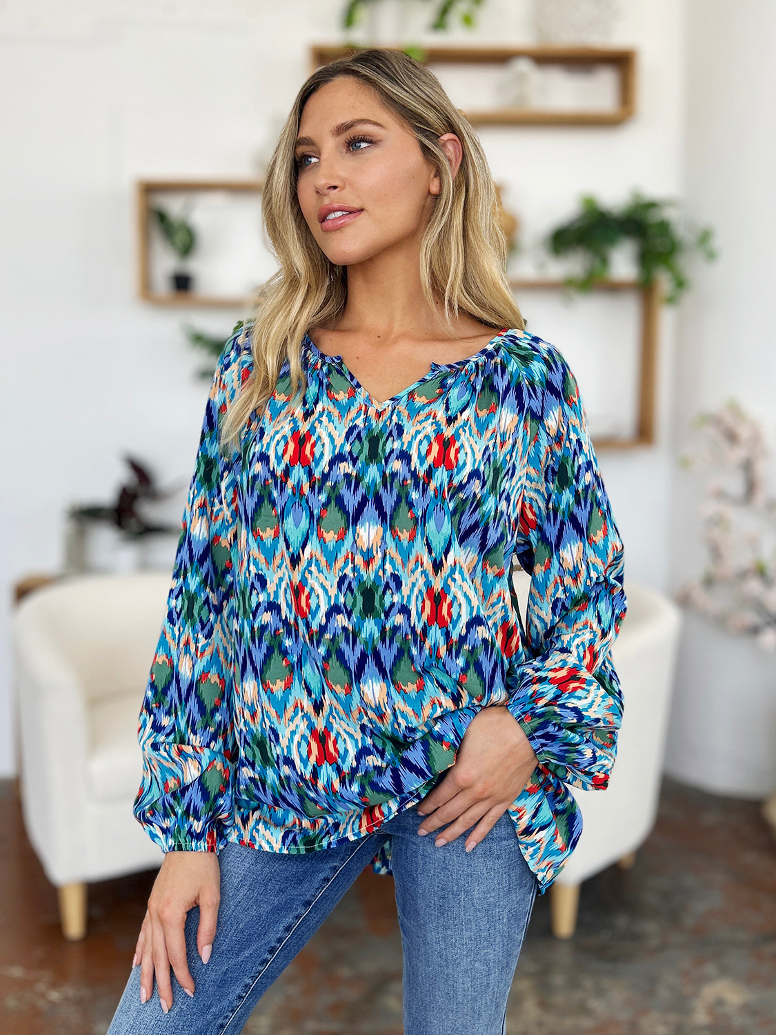 Full Size Printed Balloon Sleeve Blouse