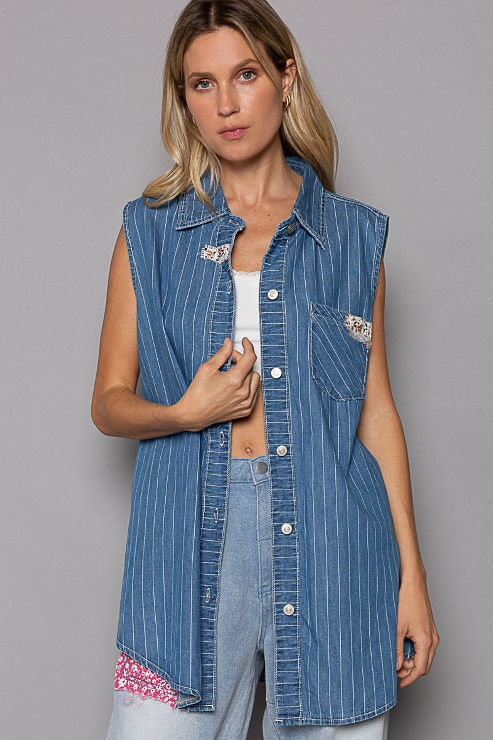 Button Down Sleeveless Striped Denim Shirt