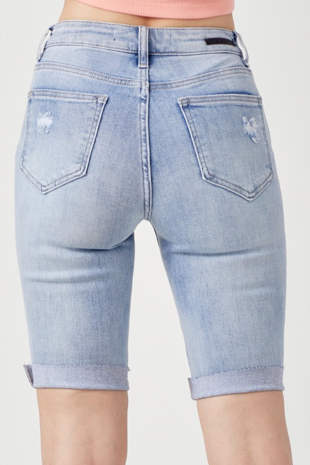 High Rise Distressed Denim Bermuda Shorts