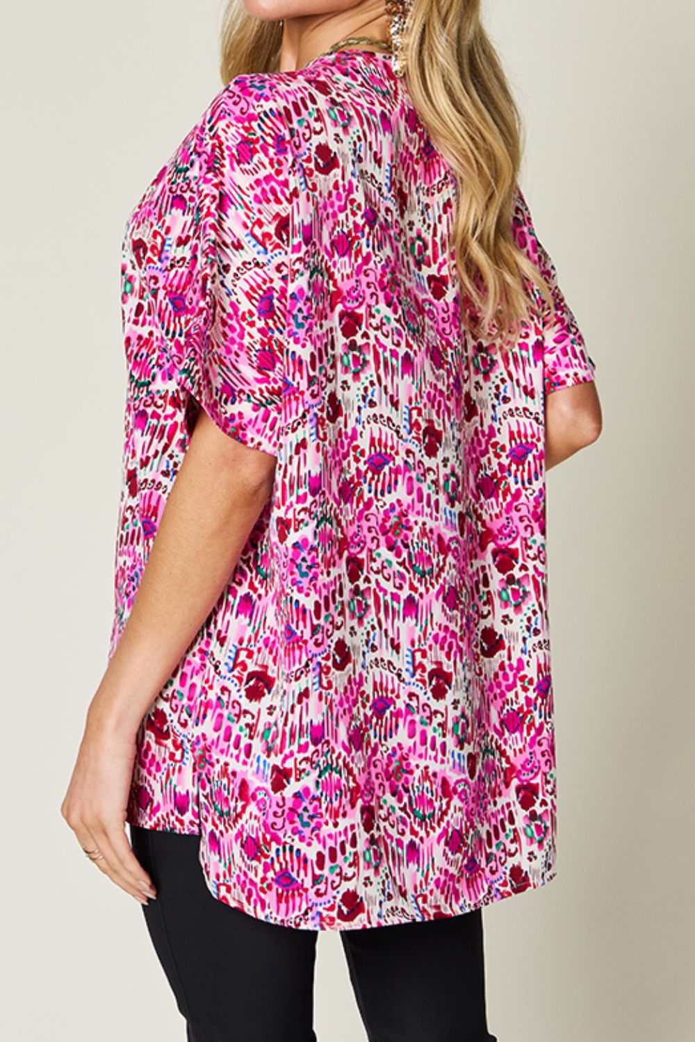 Full Size Printed V-Neck Short Sleeve Blouse