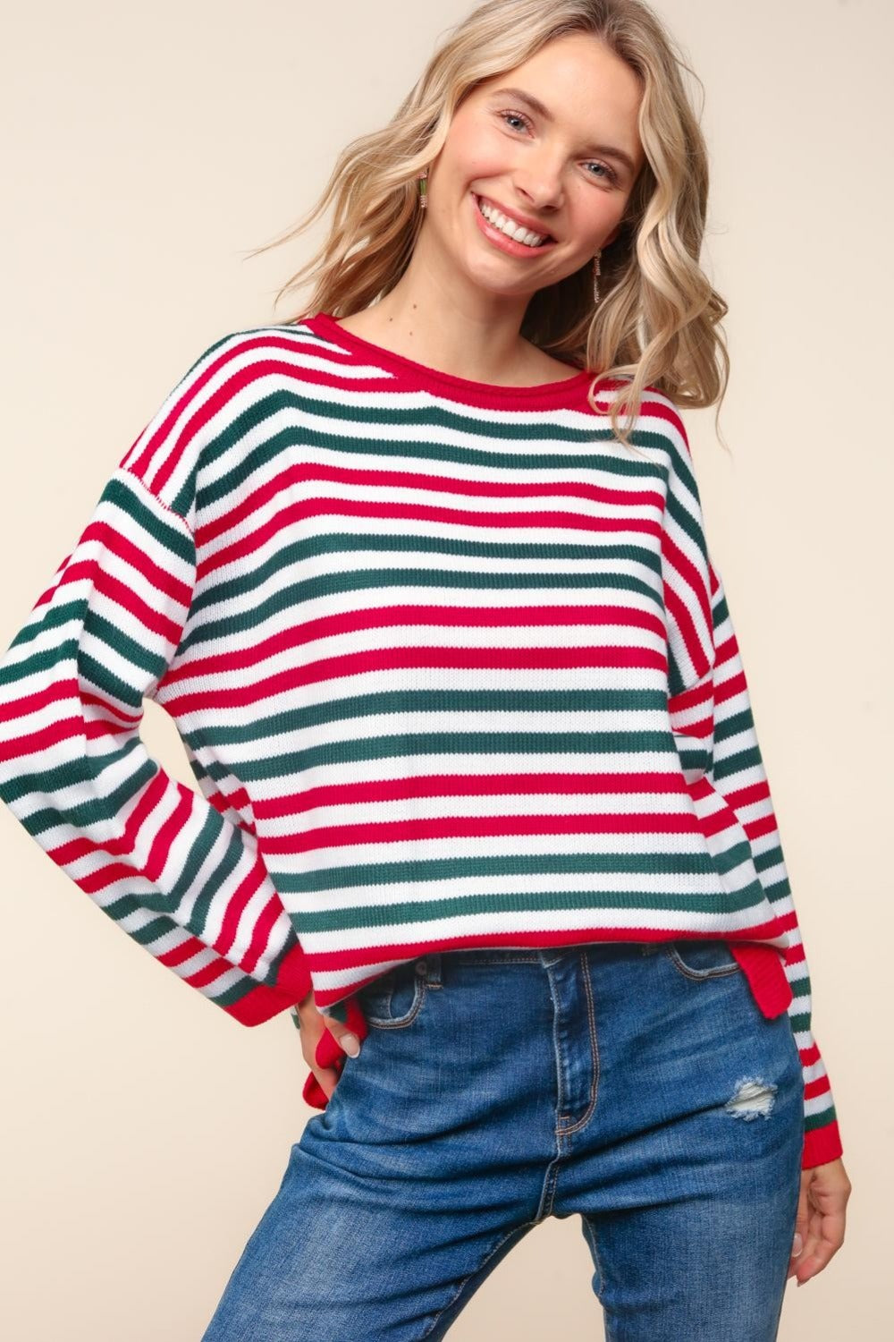 Full Size Striped Contrast Side Slit Knit Top