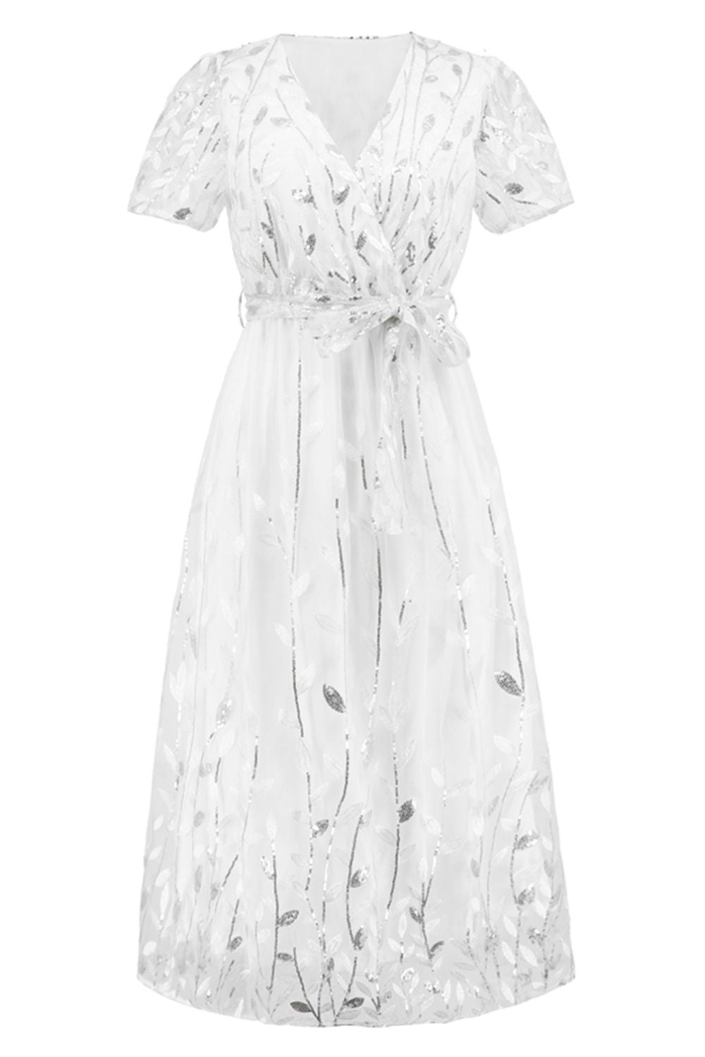 Leaf Embroidery Tie Front Short Sleeve Dress