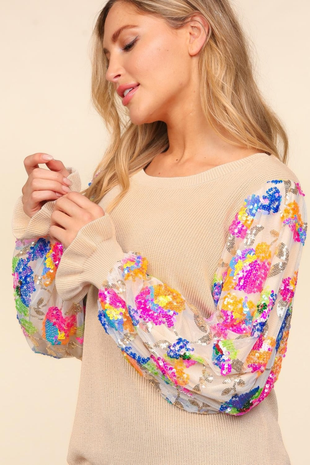 Floral Sequins Mesh Flounce Sleeve Sweater