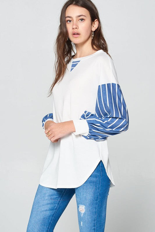 Full Size French Terry Striped Long Sleeve Top