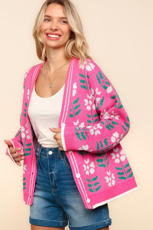 Full Size Floral Jacquard V-Neck Button Up Cardigan