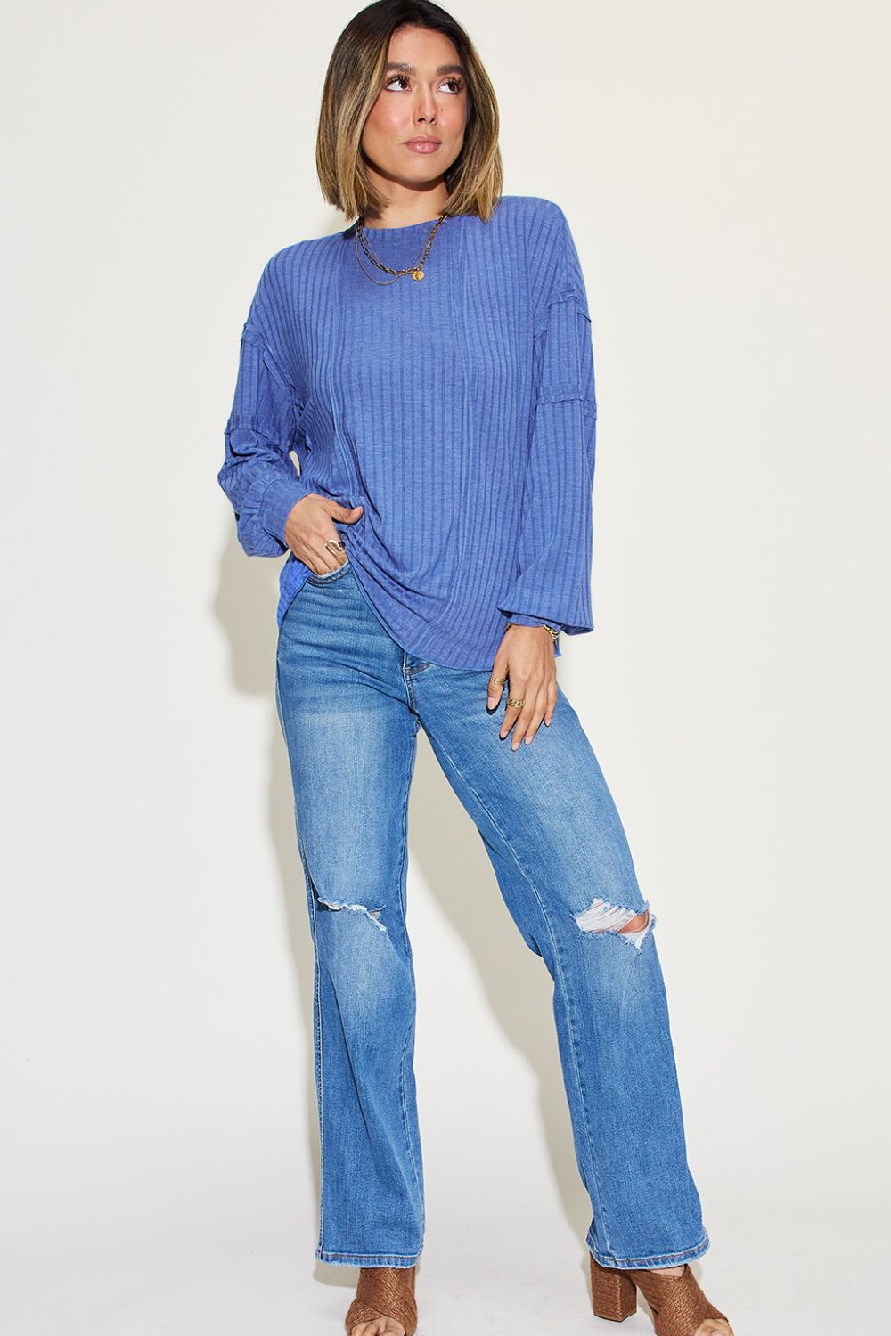 Full Size Ribbed Round Neck Long Sleeve T-Shirt