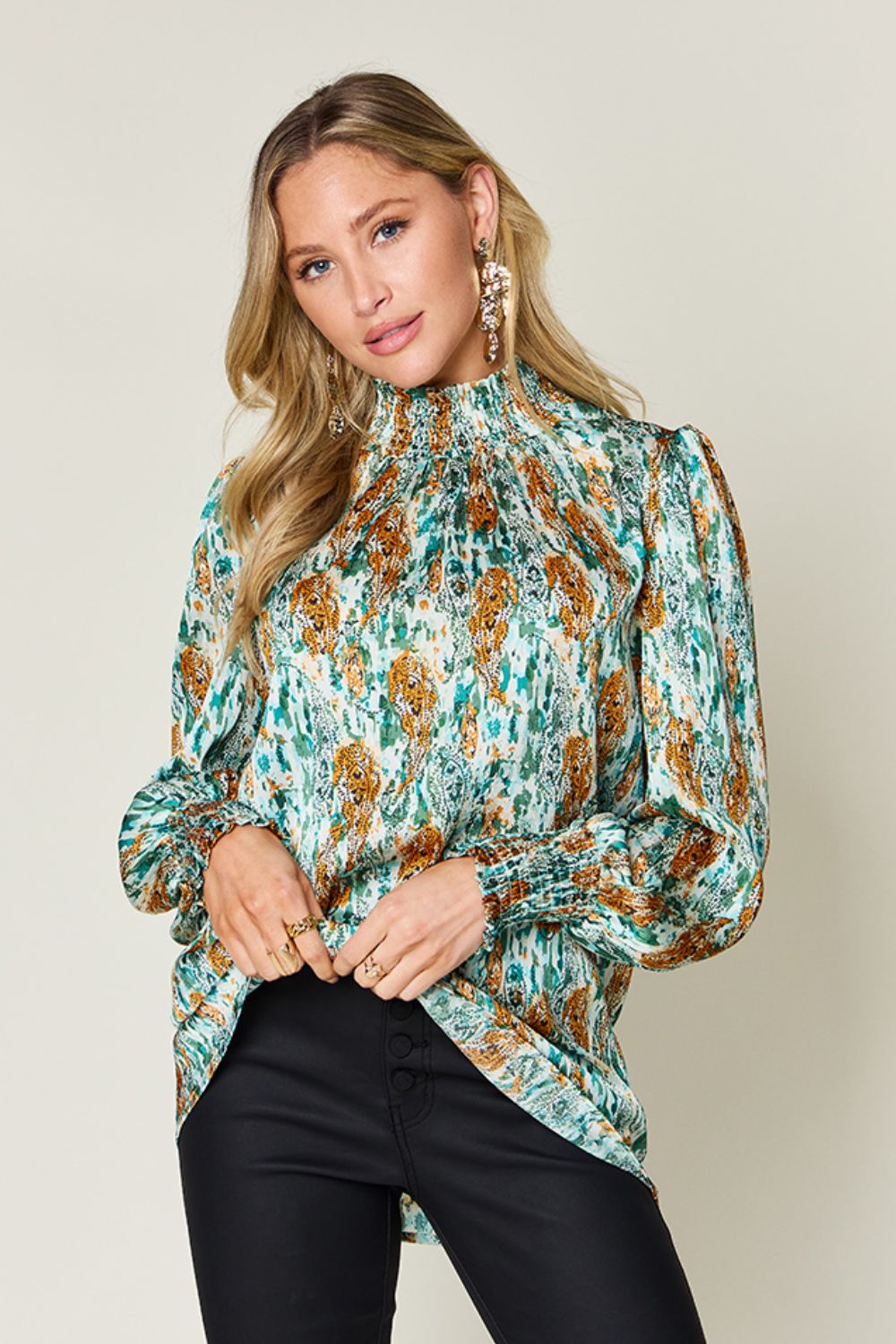 Full Size Printed Smocked Long Sleeve Blouse