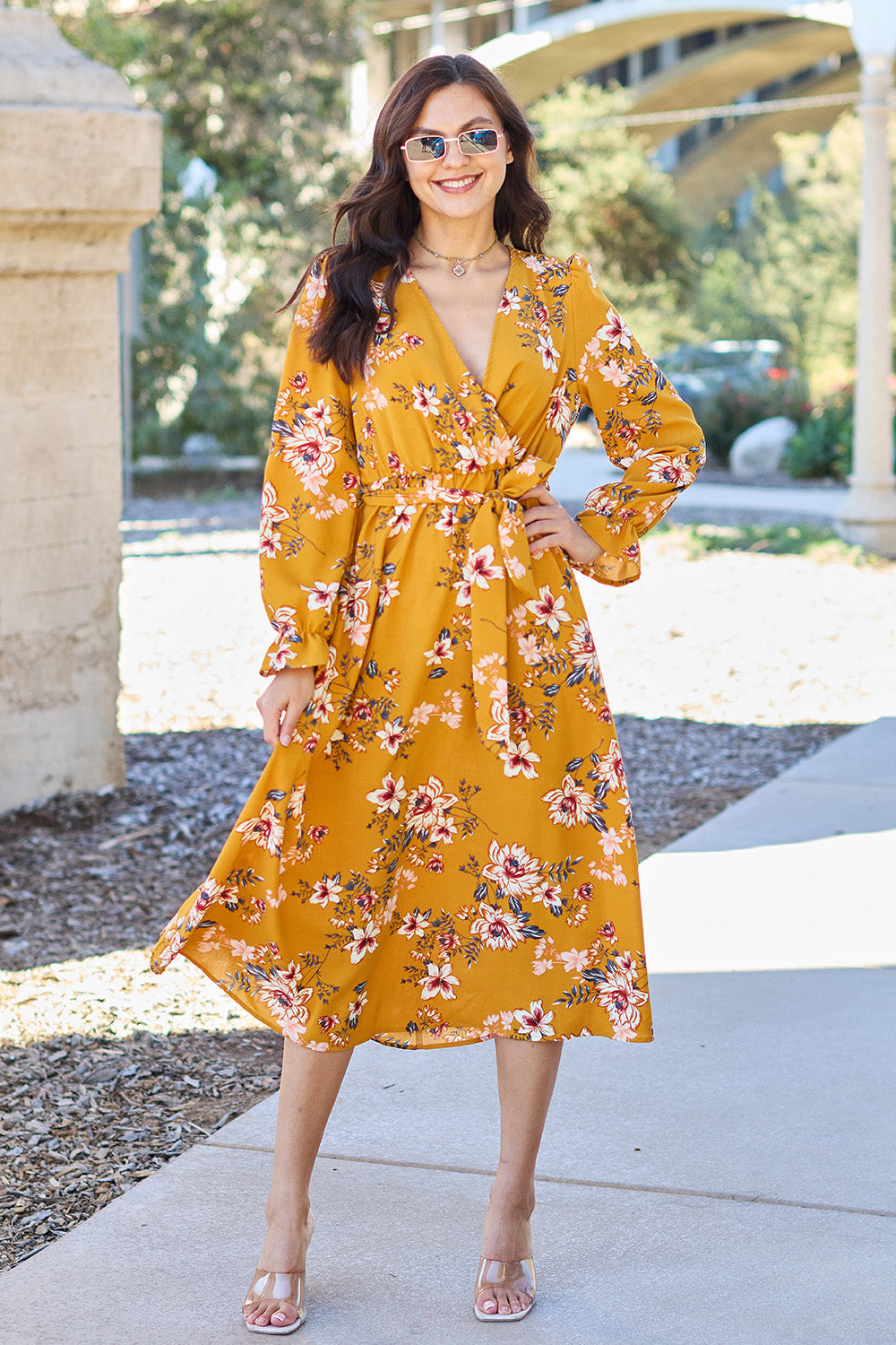 Full Size Floral Tie Back Flounce Sleeve Dress