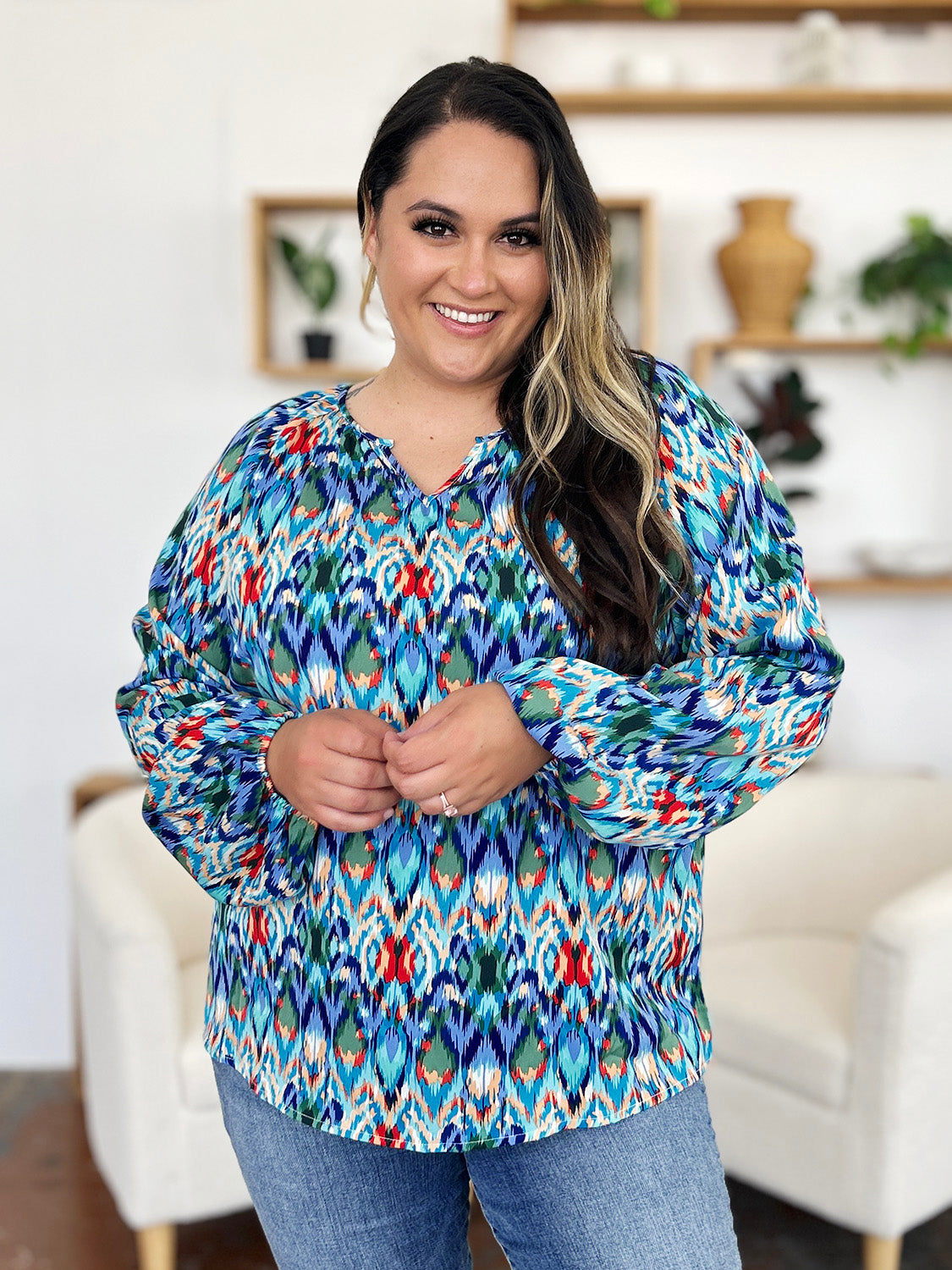 Full Size Printed Balloon Sleeve Blouse