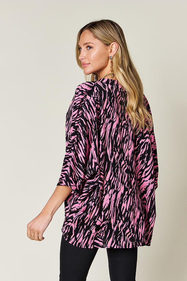 Full Size Printed Notched Three-Quarter Sleeve Blouse