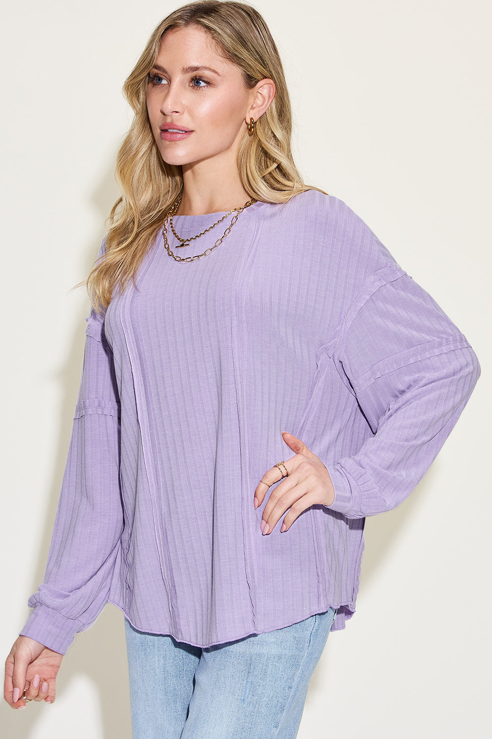 Full Size Ribbed Round Neck Long Sleeve T-Shirt