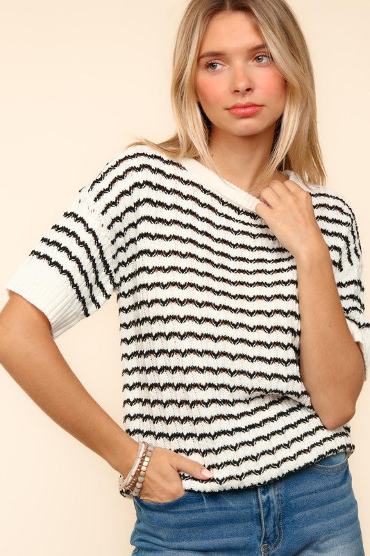 Striped Round Neck Half Sleeve Knit Top