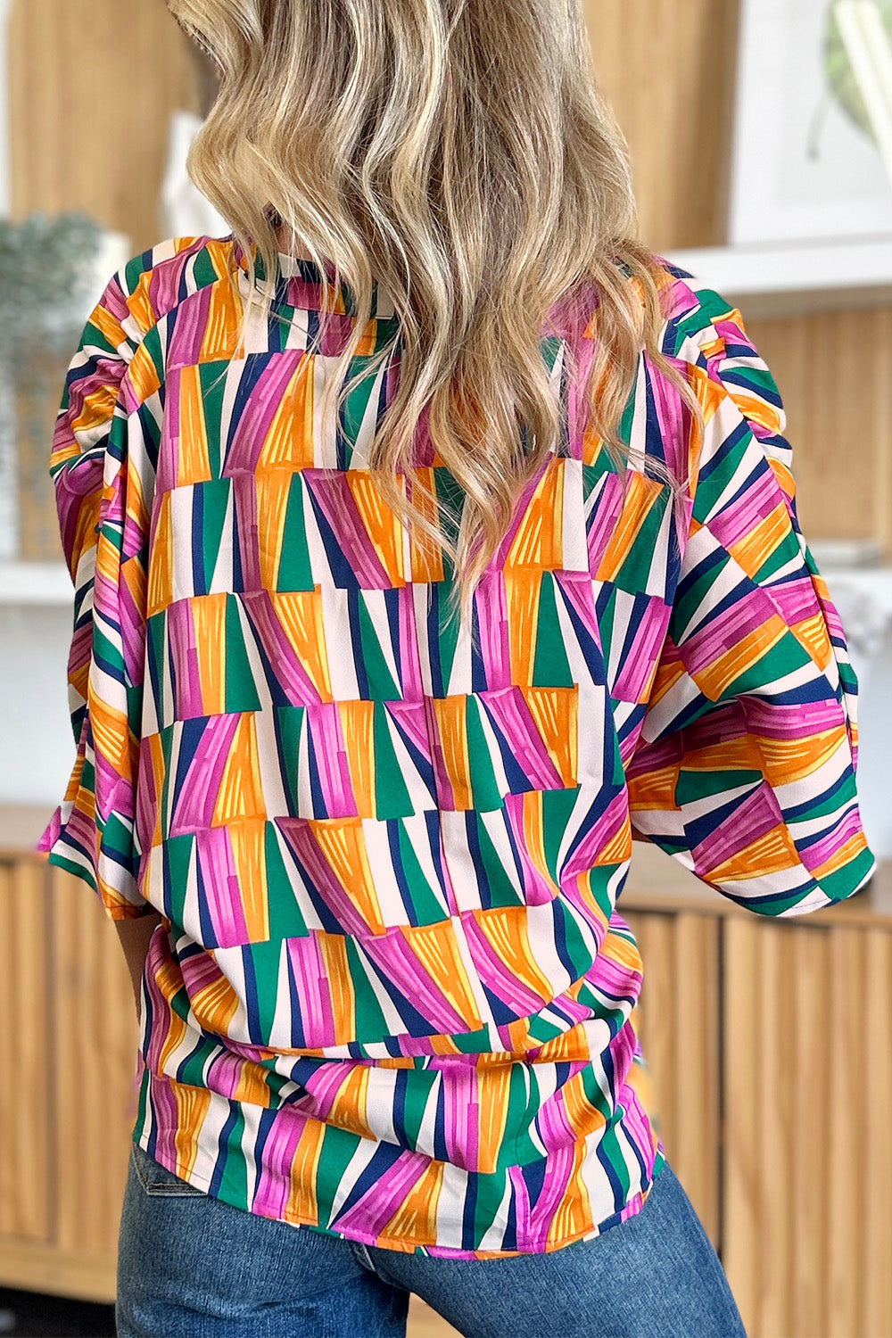 Full Size Geometric Notched Dolman Sleeve Top