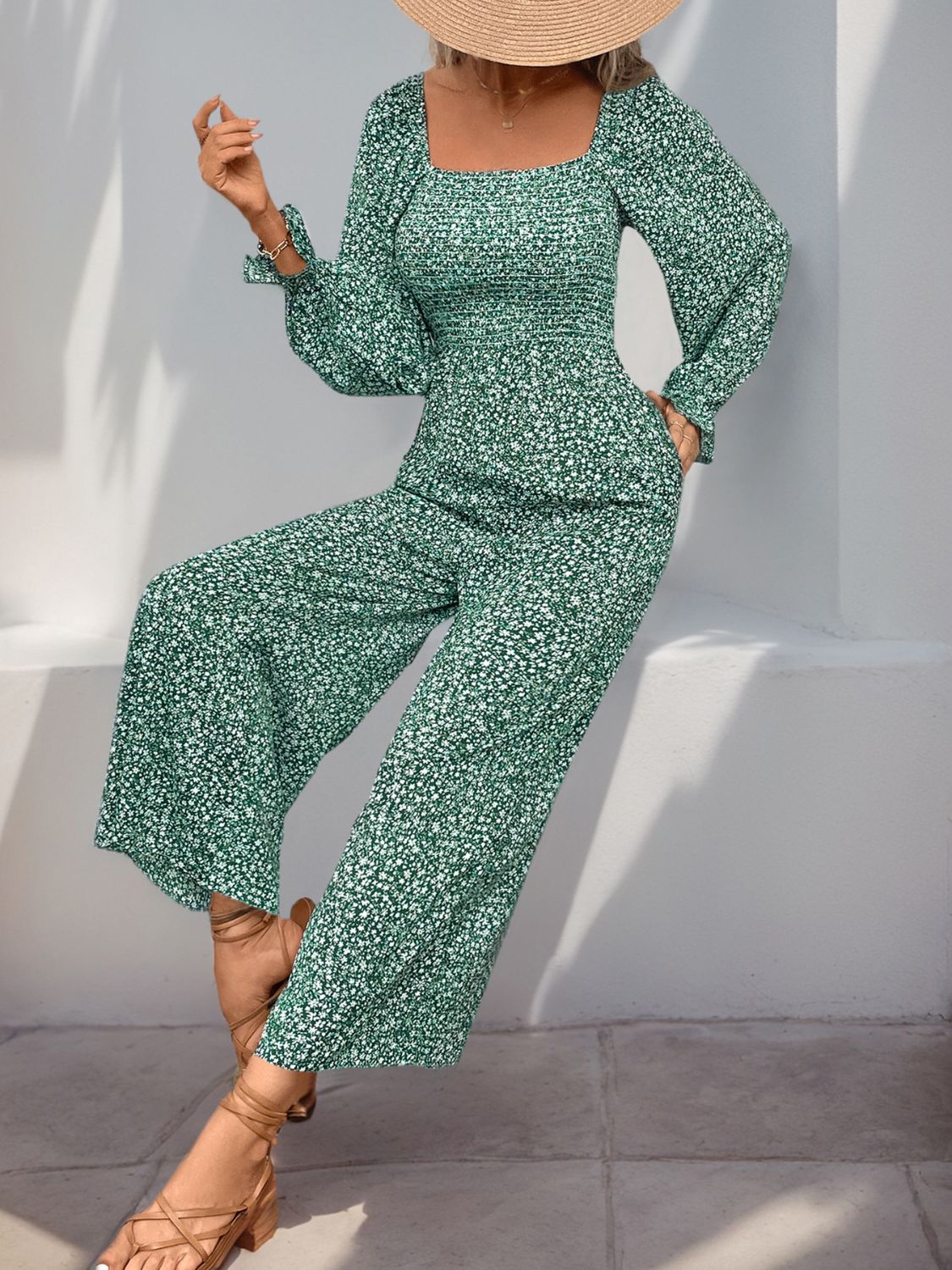 Smocked Printed Long Sleeve Wide Leg Jumpsuit