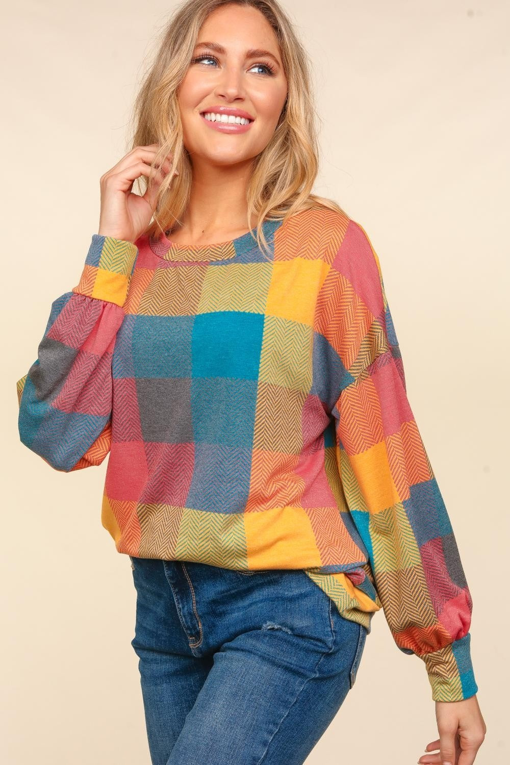 Round Neck Color Block Plaid Top