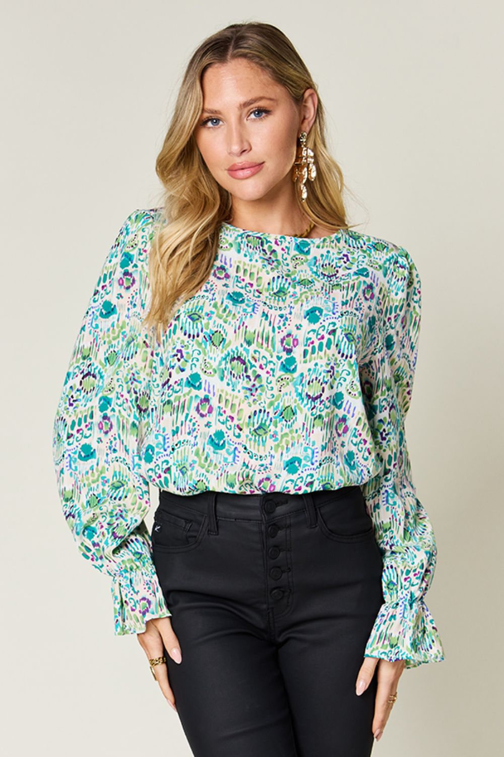 Full Size Printed Flounce Sleeve Blouse