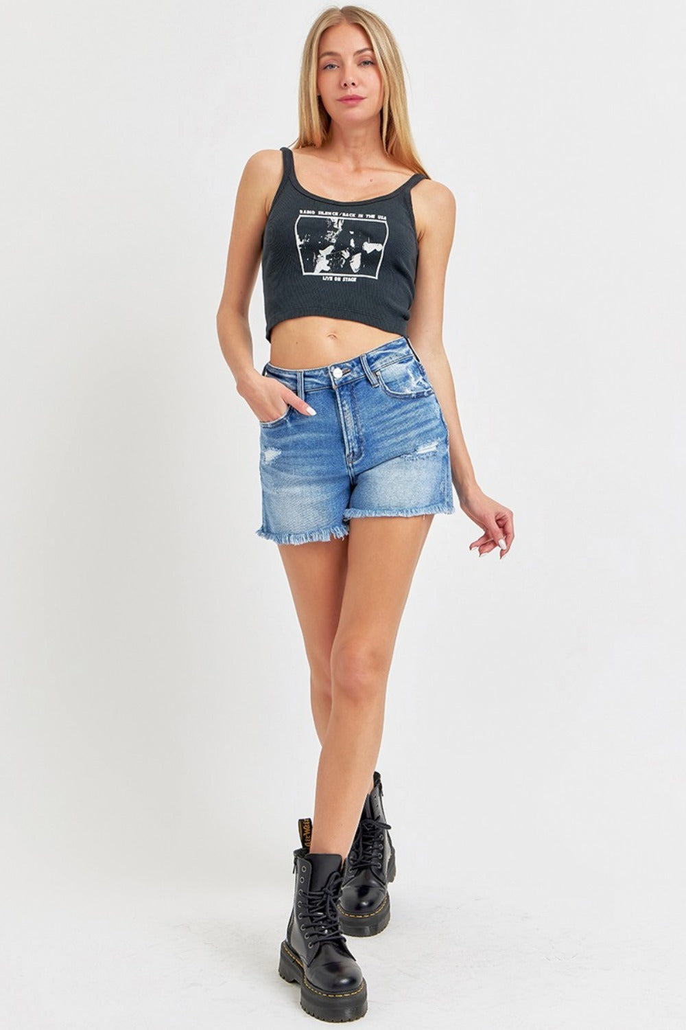 Full Size High Rise Distressed Raw Hem Denim Shorts