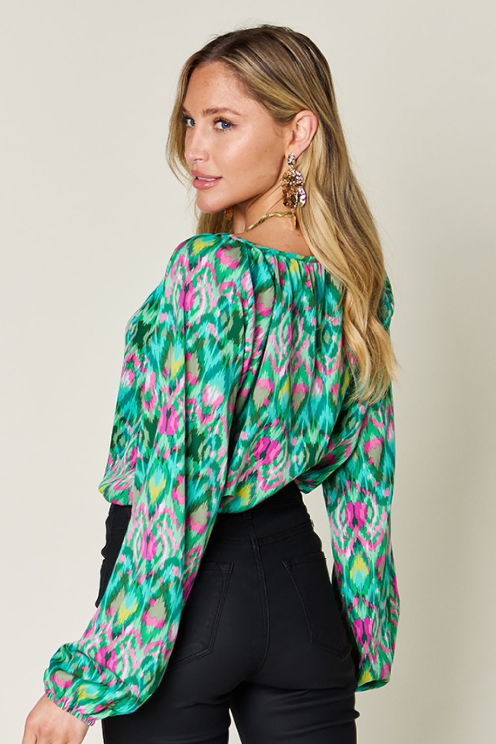 Full Size Printed Balloon Sleeve Blouse